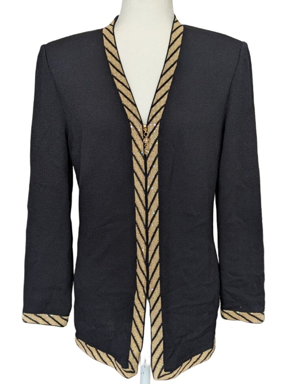 St. John Evening Women Black Gold Chevron Trim Gold Crystal Zip Up Jacket Size 8